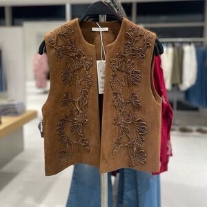 Zara Tan Suede Vest with Floral Embroidery